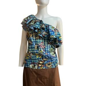 ULLA JOHNSON Adaleigh Silk Floral Ruffle One Shoulder Blouse Size 6